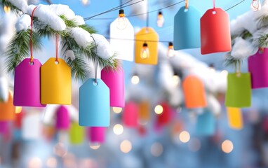 Vibrant Christmas Market Scene with Stylish Decorations and Colorful Tags
