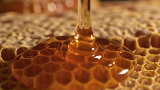 Golden Honey Dripping onto Honeycomb, Close-up Macro Shot