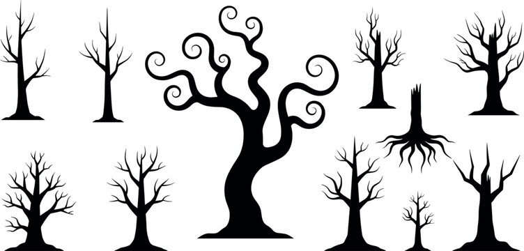 Black silhouette collection of bare winter trees featuring twisted central tree and assorted branch styles for design