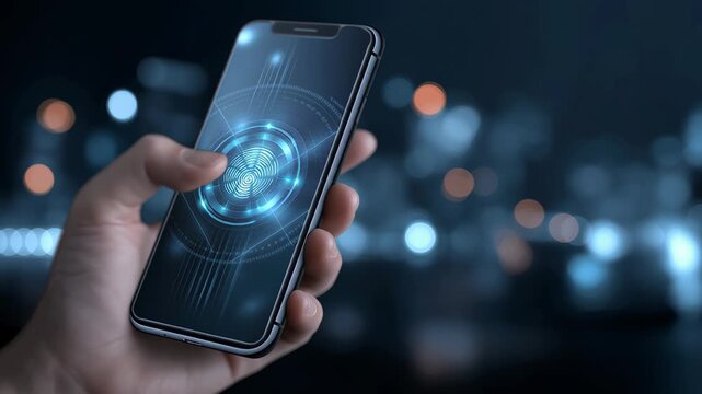 Hand holding smartphone with glowing fingerprint scan on screen representing biometric security mobile authentication and digital identity technology