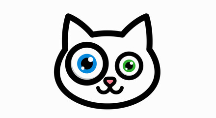 Fototapeta premium Cute Cartoon Cat Head with Heterochromia Eyes, White Feline Face, Funny Character