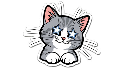 Obraz premium Cute cartoon cat with star eyes, happy expression, sticker style, white background