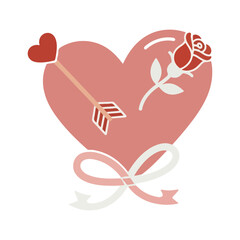 Pink Heart with Arrow, Rose & Ribbon &ndash; Romantic Valentine Illustration