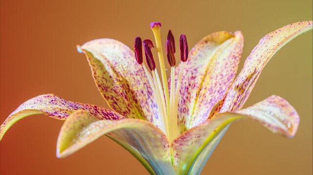 wideopen lily blossom speckled petals warm background, florist styling shot showcasing stamen cluster, sweeping petal curves, decorative centerpiece