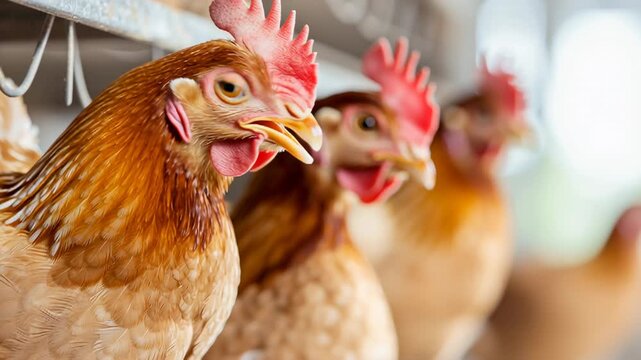 Curious chickens observing in close quarters on a farm