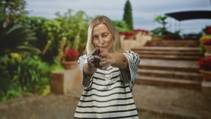 Fototapeta premium Woman pointing hands like finger guns toward camera on studio stairs backdrop wearing striped tshirt and smiling; playful confidence.