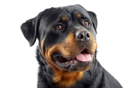 A wallpaper background with a close-up image of a Rottweiler dog making an innocent expression in a white photography studio setting