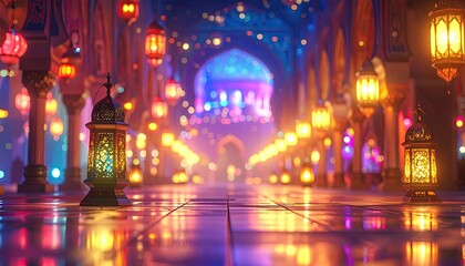 Obraz premium Magical Ramadan night with glowing lanterns and ornate architecture