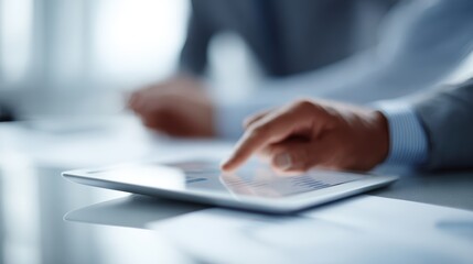 Fototapeta premium Business partners analyzing financial graphs on tablet in modern office, corporate teamwork, clean professional lighting, realistic photography