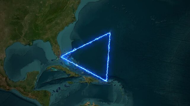 Glowing neon triangle outlines the mysterious Bermuda Triangle region on a satellite map animation