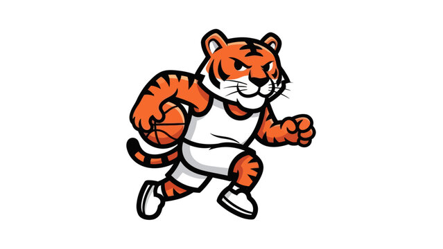 Cartoon tiger mascot running with basketball vector illustration isolated