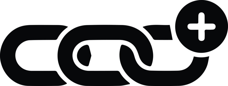 Black abstract linked chain symbol with a plus sign in a circle icon graphic