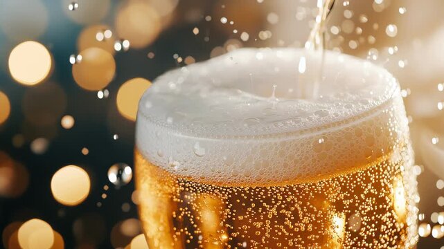 Golden ale pouring into glass with foamy head and bokeh background sparkles
