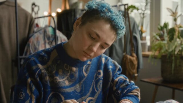 Low angle tilt-up close-up shot of young girl with short blie hair and prosthetic arm picking up needle to fix clothes at her workstation in modern thrift shop