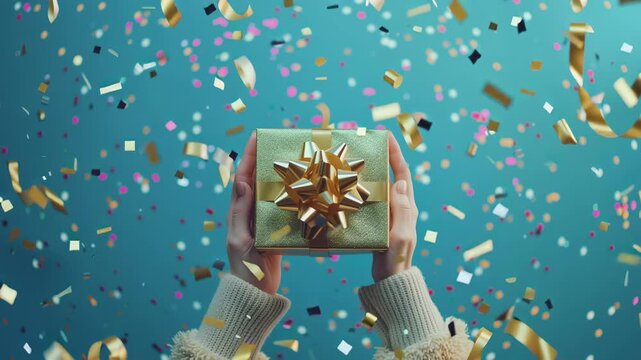 Hands presenting gift box with golden ribbon amid vibrant confetti celebration