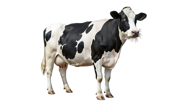 Stately holstein cow with striking black and white markings standing calmly isolated on pure white background showcasing dairy farming livestock animal