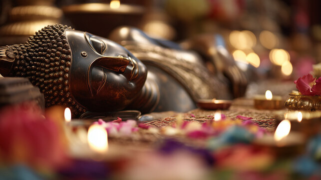 Parinirvana Day, Reclining Buddha Statue Surrounded by Candles and Flowers During Solemn Parinirvana Day Temple Ceremony