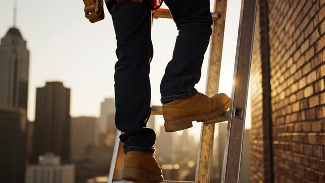 Man climbing a ladder on a rooftop with a cityscape in the background during sunset