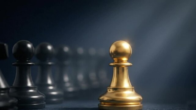 Golden pawn chess piece standing out in front of a row of black pawns with cinematic lighting
