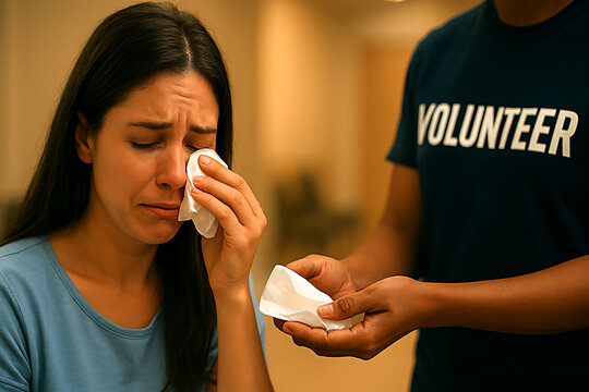 Volunteer offering a tissue to a crying woman in a medical facility waiting area for emotional support