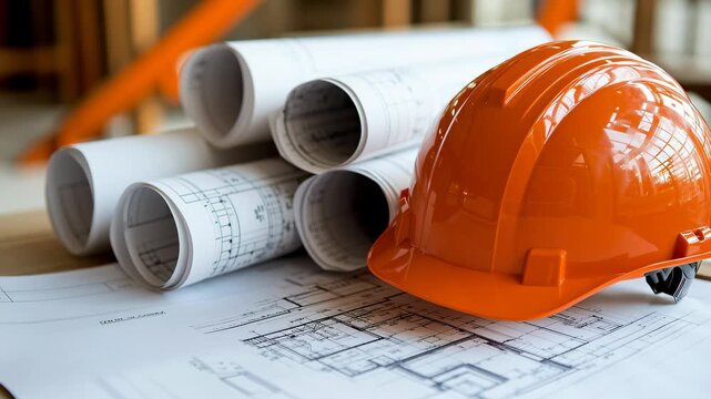 Orange helmet and blueprints: symbolizing construction planning and architectural design