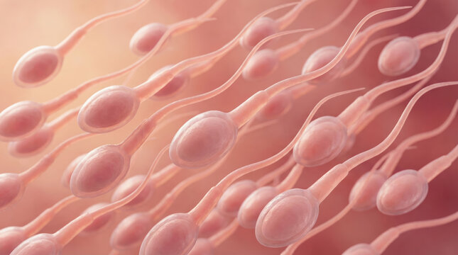 Microscopic view of human sperm cells in a fluid medium, representing fertility and reproduction science.