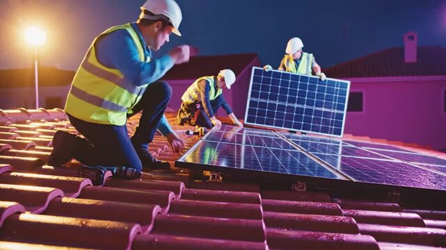 Workers installing solar panels on a rooftop at dusk with safety gear and high visibility vests