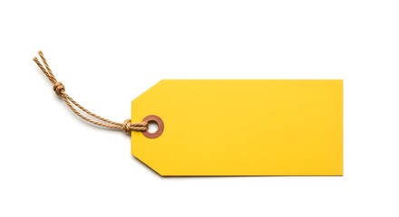 Yellow tag with string on white background isolated studio