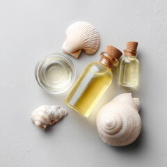 Naklejka na ściany i meble Top view essential oil and spa cosmetic products with sea shells, wellness background