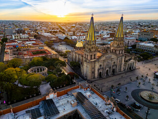 Fototapeta premium Sunrise aerial view of Guadalajara Cathedral and historic downtown