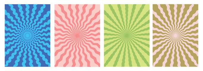 Spiral Swirl Wavy Abstract Retro Groovy Rainbow Patterns. Funky sun wave illustration. Psychedelic Geometric Twirl Vector Background.