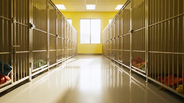 Empty animal shelter interior with rows of kennels and bright lighting.