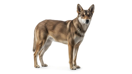 Obraz premium A majestic red wolf stands in a full body studio shot, displaying its sleek fur and watchful expression against a clean white backdrop