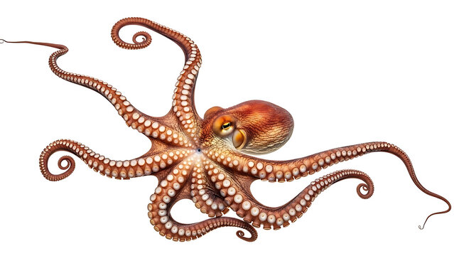 Magnificent common octopus (octopus vulgaris) with intricate details and a vibrant brown and white color palette isolated against a white background