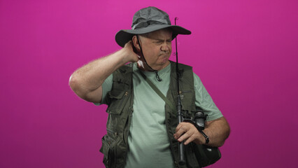 Fototapeta premium Man holding fishing rod with hand on neck for neckache, wearing fishing vest and hat in studio; resilience fatigue.