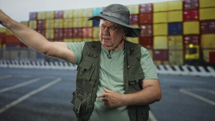 Fototapeta premium Senior man pointing hand while wearing fishing vest and sunhat against container backdrop in studio; curiosity storytelling adventure.