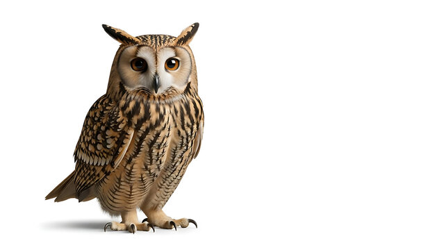 Wise owl with large eyes and patterned feathers perched on branch isolated on white background studio shot