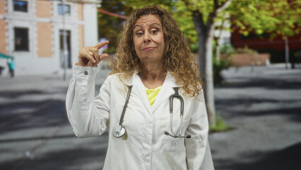 Fototapeta premium Woman doctor in white lab coat with stethoscope pinches index finger to indicate small amount while standing on a city street; concern.