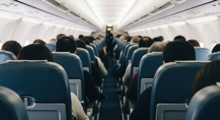 Fototapeta premium Airplane interior; blurred passengers sit in blue seats along aisle