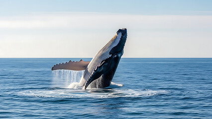 Fototapeta premium A majestic humpback whale breach captured mid-air in the vast blue ocean with spray and white water surrounding the massive marine mammal on bright sunny day