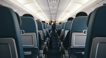 Obraz premium Airplane interior, passenger seats in rows, overhead lights, aisle, blurred view