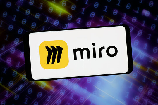 Stuttgart, Germany - 02-05-2026: In this photo illustration, the logo of AI workspace company RealtimeBoard Inc (Miro) is displayed on a smartphone in front of abstract background on computer screen.