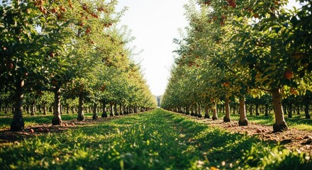 Fototapeta premium Apple orchard in full fruit. Green grass covers the ground between rows