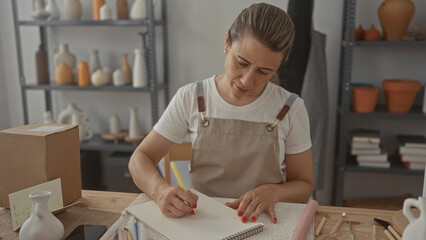 Woman sketches on paper with pencil and hand over worktable in studio among pottery tools and...
