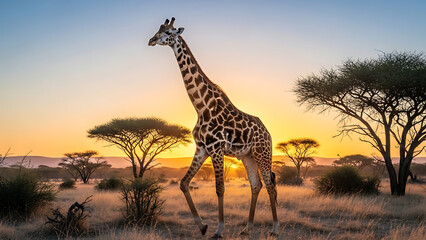 Obraz premium Tall giraffe walking across dry savanna landscape during golden hour sunset with acacia trees silhouettes in background