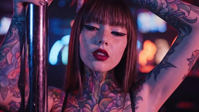 A tattooed woman with red lips posing with a pole in a dimly lit nightclub environment from a close-up viewpoint