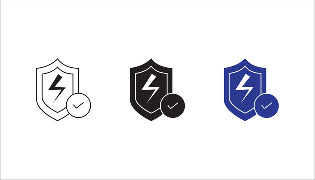 PrintModern shield icon with lightning bolt symbol and checkmark badge representing energy protection, electrical safety, verified security, and power insurance. Editable stroke vector isolated on lig