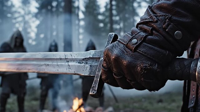 Close Up Detail of Steel Broadsword in Misty Forest Camp
