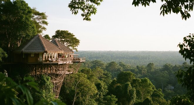 Elevated treehouse lodge with a thatched roof perched atop lush green forest