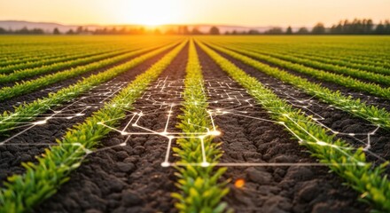 Obraz premium Field rows merge to horizon, enhanced by connected network lines, sun sets afar